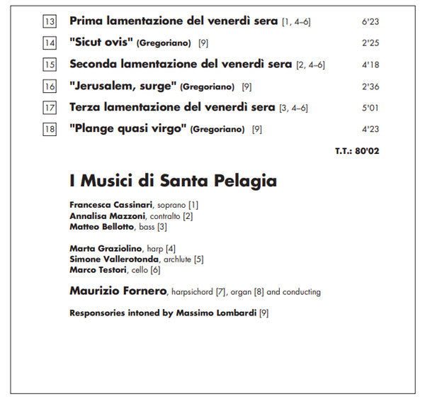 Giovanni Paolo Colonna - I Musici di Santa Pelagia, Maurizio Fornero : Sacre Lamentazioni (CD, Album)