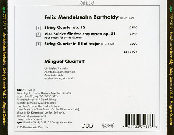 Felix Mendelssohn-Bartholdy, Minguet Quartett : String Quartets, Op. 12 & Op. 81; String Quartet (1823) (CD)