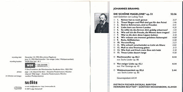 Johannes Brahms - Dietrich Fischer-Dieskau, Hermann Reutter, Günther Weissenborn : Die Schöne Magelone - Nachtwandler Op. 86,3 - Von Ewiger Liebe Op. 43,1 - Waldeseinsamkeit Op. 85,6 (Cologne, 1952/1954) (CD)