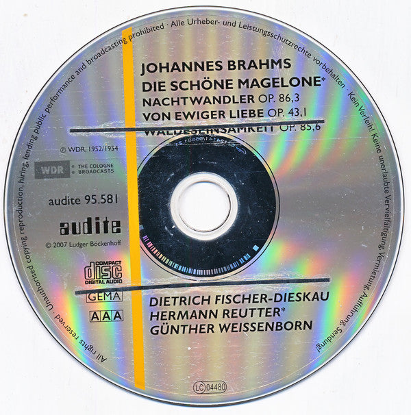 Johannes Brahms - Dietrich Fischer-Dieskau, Hermann Reutter, Günther Weissenborn : Die Schöne Magelone - Nachtwandler Op. 86,3 - Von Ewiger Liebe Op. 43,1 - Waldeseinsamkeit Op. 85,6 (Cologne, 1952/1954) (CD)