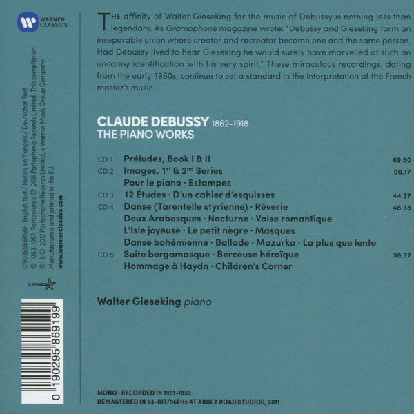 Debussy*, Walter Gieseking : The Complete Piano Works (5xCD, Comp, Mono)
