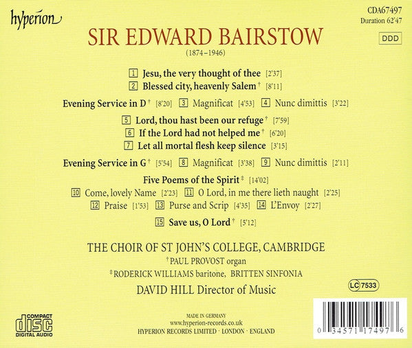 Edward C. Bairstow, St. John's College Choir, Britten Sinfonia, Roderick Williams (3), Paul Provost (2), David Hill : Choral Music (CD, Album)