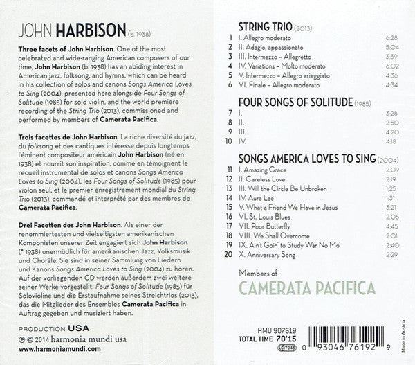 John Harbison, Camerata Pacifica : String Trio / Four Songs Of Solitude / Songs America Loves To Sing (CD, Album)