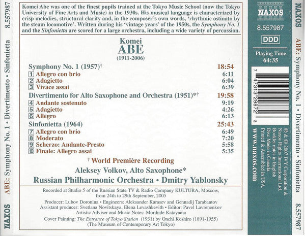 Kōmei Abe – Алексей Волков, Russian Philharmonic Orchestra, Dmitry Yablonsky : Symphony No. 1 • Divertimento • Sinfonietta (CD, Album)