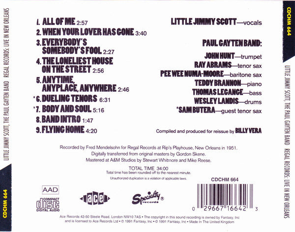 Jimmy Scott, The Paul Gayten Band With Special Guest Sam Butera : Regal Records: Live In New Orleans (CD, Album)