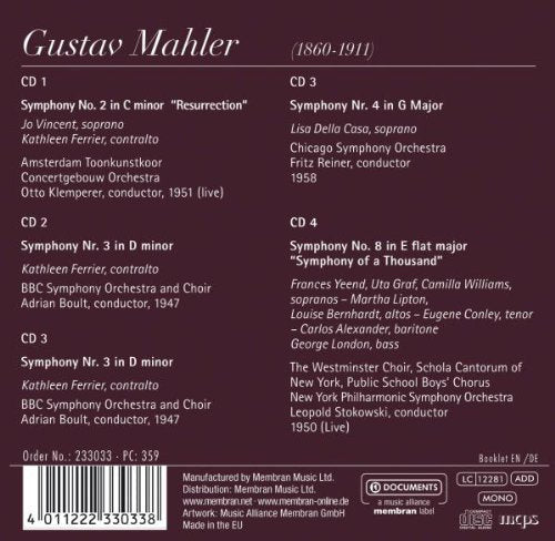 Gustav Mahler : Vocal Symphonies (4xCD, Comp, Mono, RM)