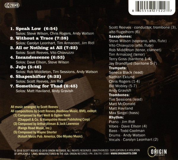 Scott Reeves Jazz Orchestra Featuring Steve Wilson (2) & Carolyn Leonhart : Without A Trace (CD, Album)