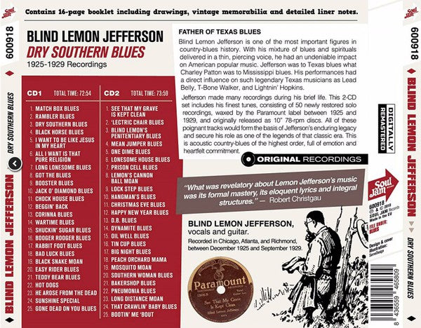 Blind Lemon Jefferson : Dry Southern Blues - 1925-1929 Recordings (2xCD, Comp, RM)
