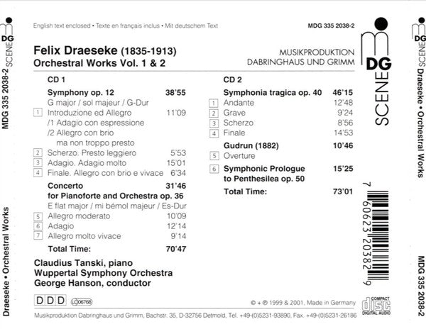 Felix Draeseke, Claudius Tanski, Sinfonieorchester Wuppertal, George Hanson (3) : Symphonies, Op. 12 & 40; Piano Concerto, Op. 36; Symphonic Prologue "Penthesilea"; Overture "Gudrun" (2xCD, Album)