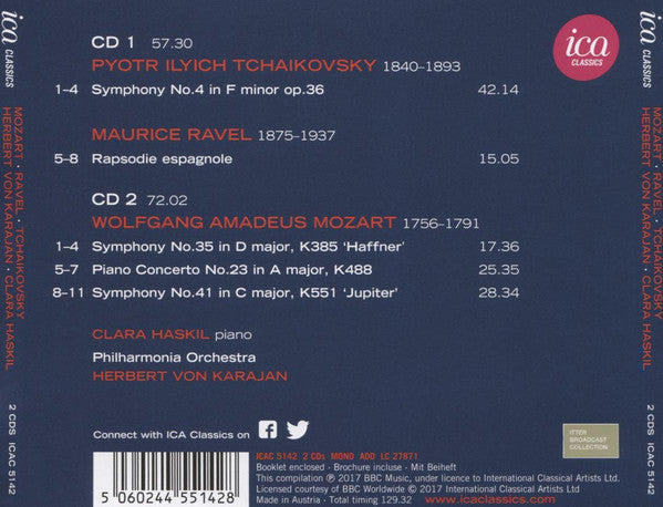 Herbert von Karajan, Wolfgang Amadeus Mozart, Maurice Ravel, Pyotr Ilyich Tchaikovsky, Clara Haskil, Philharmonia Orchestra : Symphonies Nos. 35 & 41; Piano Concerto No. 23; Rapsodie Espagnole; Symphony No. 4 (2xCD, Album, Mono)