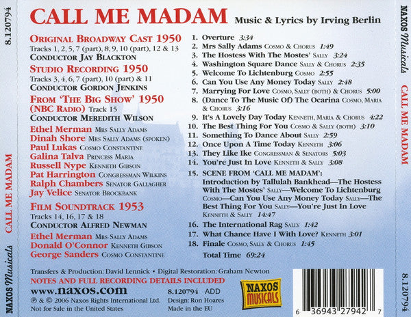 Various : Irving Berlin's Call Me Madam (CD, Comp)