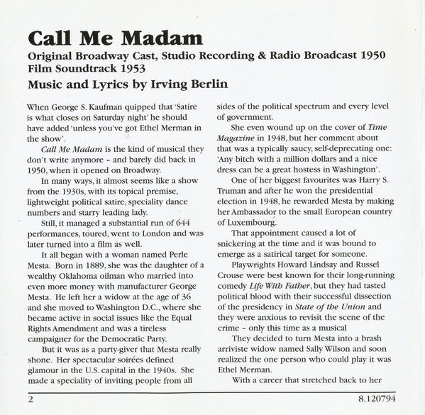 Various : Irving Berlin's Call Me Madam (CD, Comp)