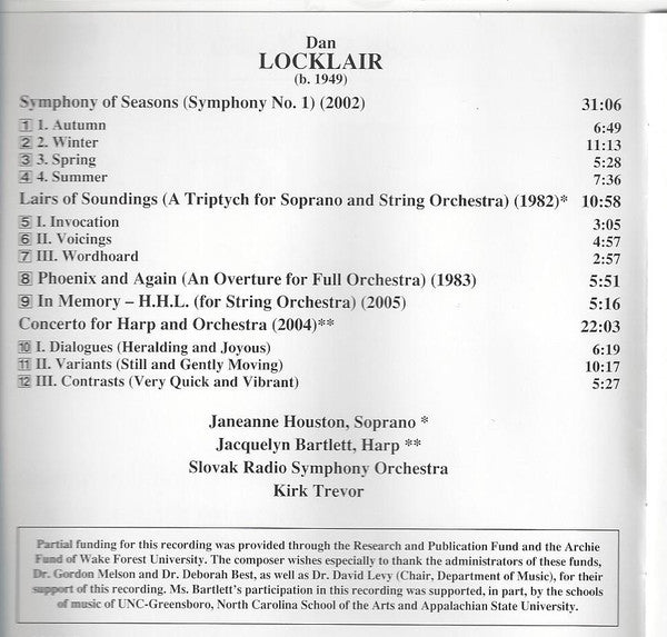 Dan Locklair, Slovak Radio Symphony Orchestra : Symphony of Seasons / Lairs of Soundings / Phoenix and Again / In Memory - H.H.L. / Harp Concerto (CD, Album)
