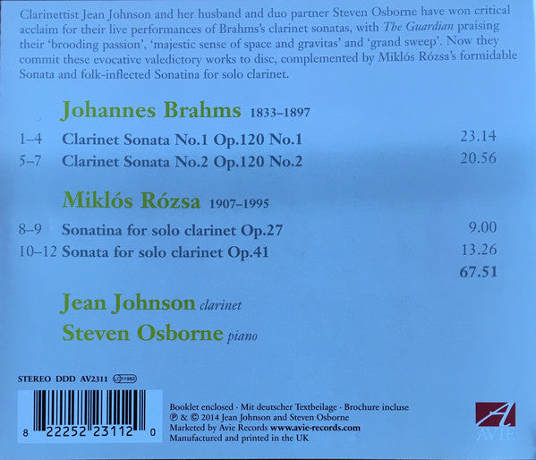 Johannes Brahms - Miklós Rózsa, Steven Osborne, Jean Johnson (3) : Clarinet Sonatas (CD, Album)