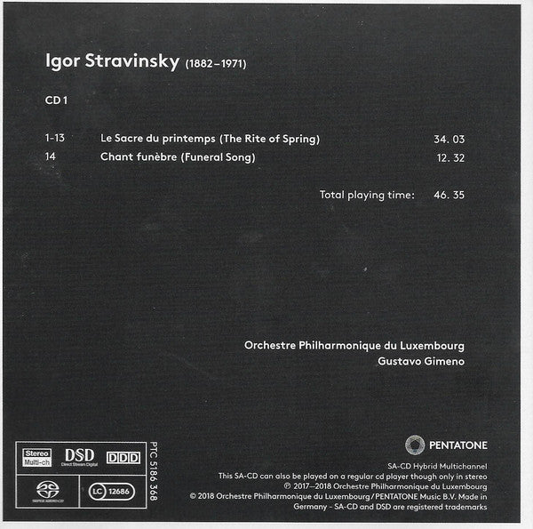 Gustavo Gimeno, Igor Stravinsky, Orchestre Philharmonique Du Luxembourg : Stravinsky - The Rite Of Spring - Funeral Song - Game Of Cards - Concerto In D "Basel" - Agon (2xSACD, Hybrid, Multichannel + Box)