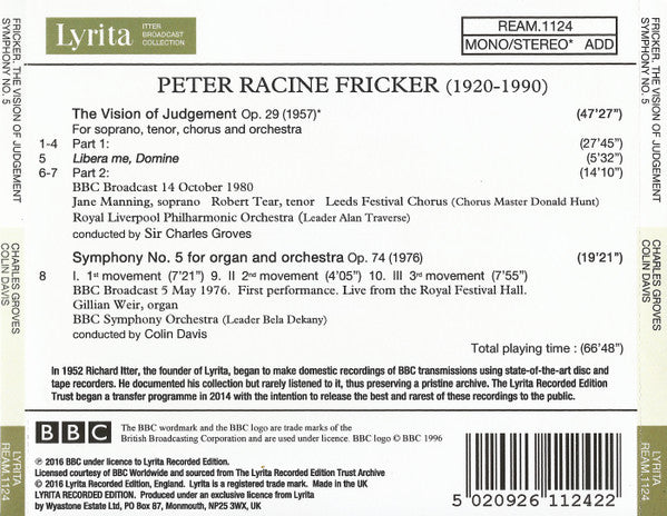 Peter Racine Fricker, Sir Charles Groves, Sir Colin Davis : The Visions Of Judgement - Symphony No. 5 (CD, Mono)
