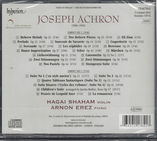 Joseph Achron – Hagai Shaham, Arnon Erez : Complete Suites For Violin And Piano (2xCD, Album)