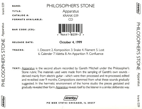 Philosopher's Stone : Apparatus (CD, Advance, Album, Promo)