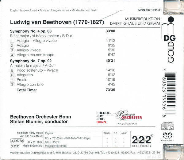 Ludwig van Beethoven, Orchester Der Beethovenhalle Bonn / Stefan Blunier : Symphonies Nos. 4 & 7 (SACD, Hybrid, Multichannel, Album)