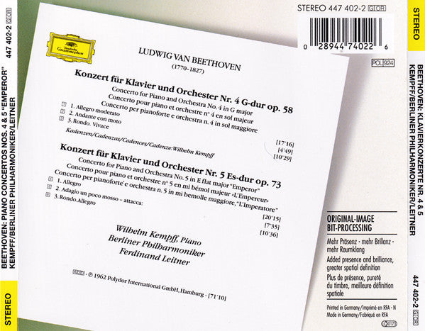Ludwig Van Beethoven - Wilhelm Kempff / Berliner Philharmoniker / Ferdinand Leitner : Klavierkonzerte Nos. 4 & 5 = Piano Concertos = Concertos Pour Piano (CD, Comp, RM)