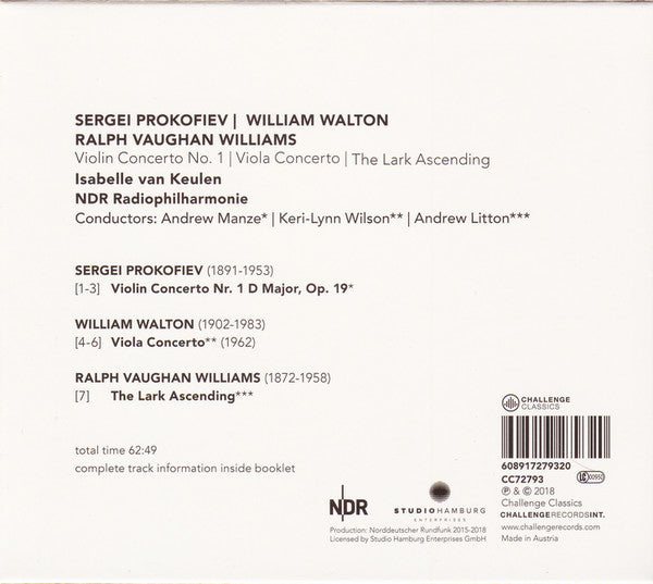 Sergei Prokofiev / Sir William Walton / Ralph Vaughan Williams, Isabelle van Keulen, NDR Radiophilharmonie : Violin Concerto No. 1 | Viola Concerto | The Lark Ascending (CD, Album)