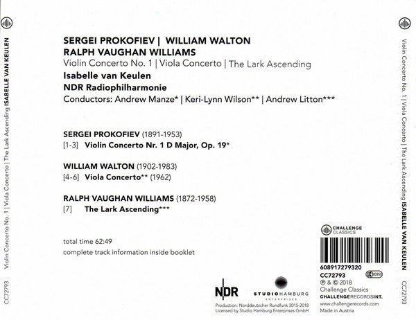 Sergei Prokofiev / Sir William Walton / Ralph Vaughan Williams, Isabelle van Keulen, NDR Radiophilharmonie : Violin Concerto No. 1 | Viola Concerto | The Lark Ascending (CD, Album)