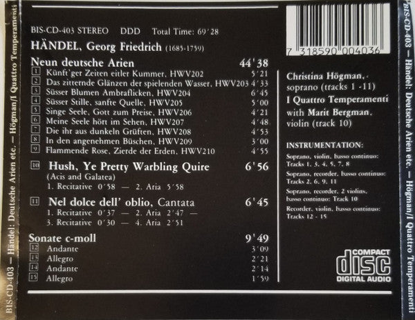 Georg Friedrich Händel, Christina Högman, I Quattro Temperamenti : Neun Deutsche Arien = Nine German Arias (CD)