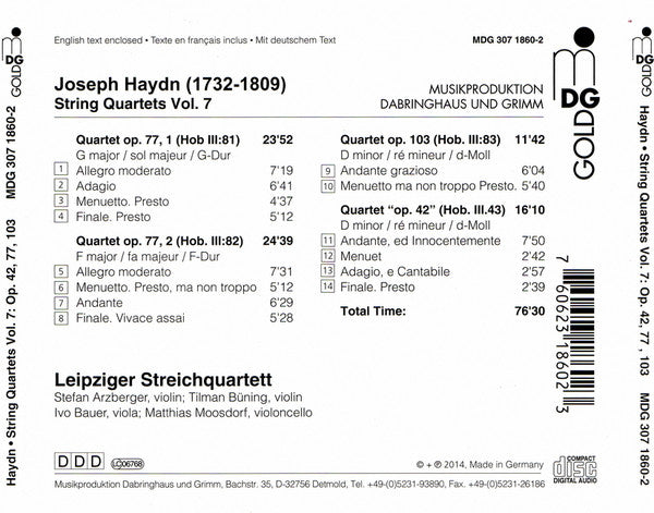 Joseph Haydn, Leipziger Streichquartett : String Quartets Vol. 7: Op. 42 · Op. 103 · Op. 77 No. 1 & 2 (CD)