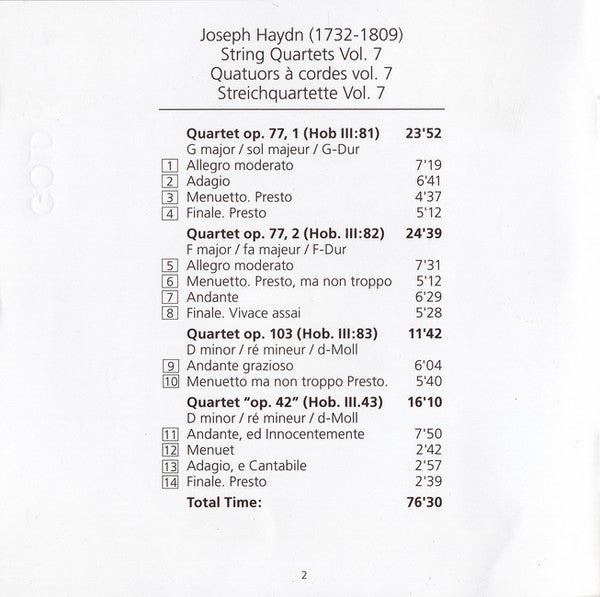 Joseph Haydn, Leipziger Streichquartett : String Quartets Vol. 7: Op. 42 · Op. 103 · Op. 77 No. 1 & 2 (CD)
