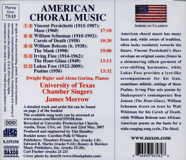 Vincent Persichetti / William Schuman / William Bolcom / Irving Fine / Lukas Foss - James Morrow (3), University of Texas Chamber Singers : American Choral Music (CD, Album)