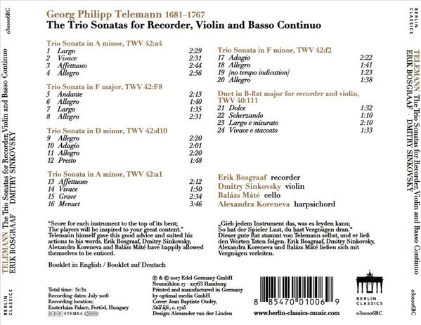 Georg Philipp Telemann, Erik Bosgraaf, Dmitry Sinkovsky, Balázs Máté, Alexandra Koreneva : Trio Sonatas (CD, Album)