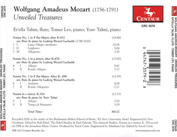 Wolfgang Amadeus Mozart, Er'ella Talmi, Tomer Lev, Yoav Talmi : Unveiled Treasures: Sonatas For Flute & Piano (CD, Album)