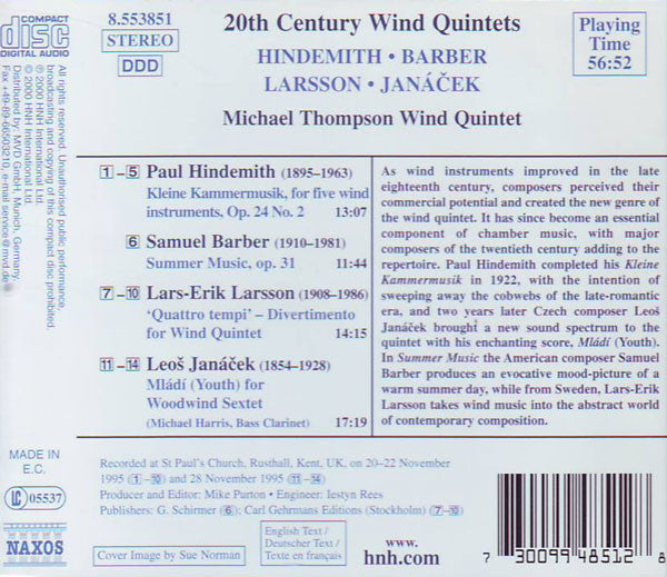Paul Hindemith, Samuel Barber, Lars-Erik Larsson, Leoš Janáček - Michael Thompson Wind Quintet : 20th Century Wind Quintets (CD, Album)