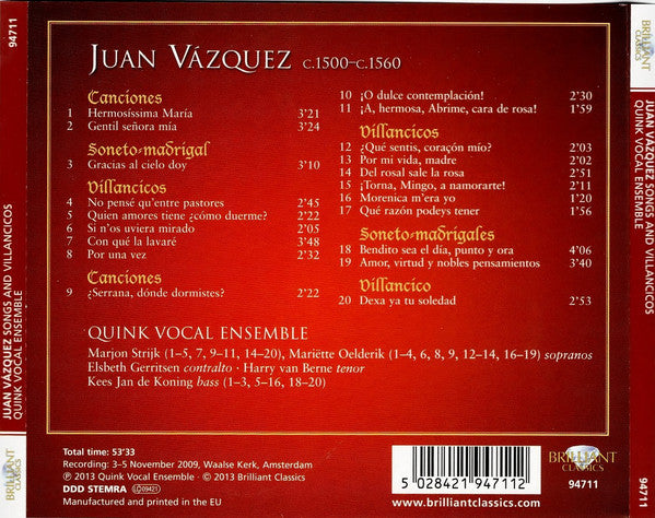 Juan Vasquez - Vocal Ensemble Quink : Gentil Señora Mía  (16th-Century Songs And Villancicos) (CD, Album)
