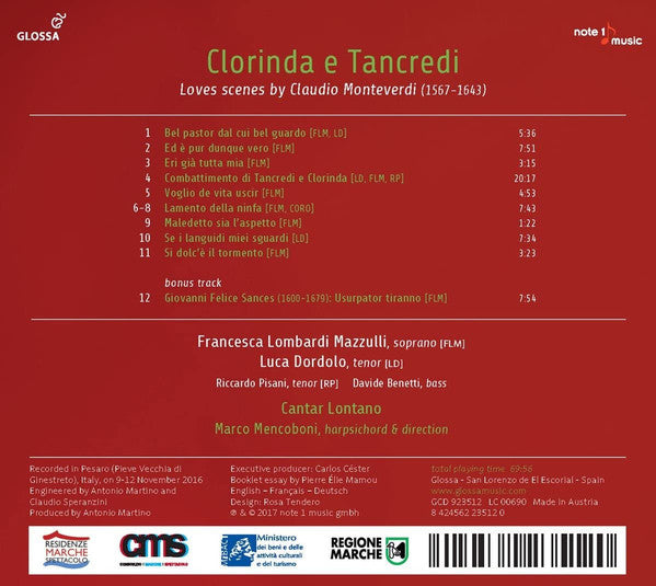 Claudio Monteverdi, Francesca Lombardi Mazzulli, Luca Dordolo, Cantar Lontano, Marco Mencoboni : Clorinda E Tancredi (CD, Album)