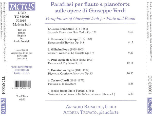 Arcadio Baracchi, Andrea Trovato : Parafrasi Per Flauto E Pianoforte Sulle Opere di Giuseppe Verdi (CD, Album)
