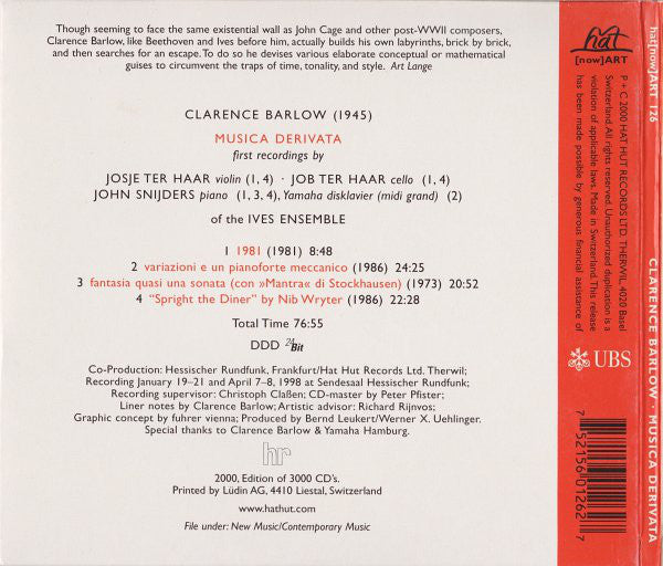 Clarence Barlow - Josje Ter Haar, Job Ter Haar, John Snijders : Musica Derivata (CD, Album)