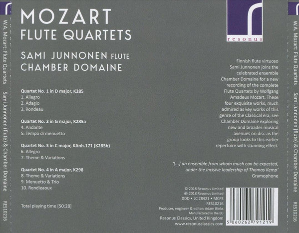 Wolfgang Amadeus Mozart - Sami Junnonen, Chamber Domaine : Flute Quartets (CD, Album)