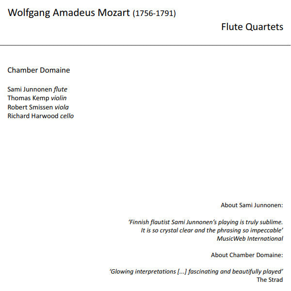 Wolfgang Amadeus Mozart - Sami Junnonen, Chamber Domaine : Flute Quartets (CD, Album)