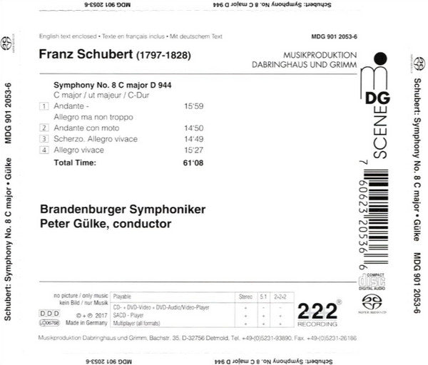 Franz Schubert, The Brandenburg Symphonic Orchestra, Peter Gülke : Symphony No. 8 C Major (The Great) (SACD, Hybrid, Multichannel, Album)