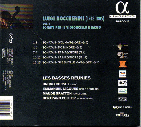 Luigi Boccherini, Bruno Cocset, Les Basses Réunies : Vol.2 Sonate Per Il Violoncello (CD, Album)