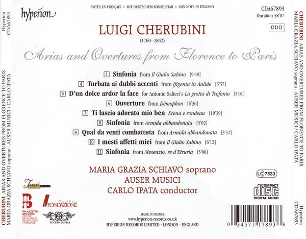 Luigi Cherubini, Maria Grazia Schiavo, Auser Musici, Carlo Ipata : Arias And Overtures From Florence To Paris (CD, Album)