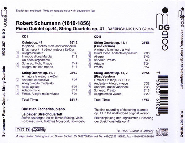Robert Schumann - Christian Zacharias, Leipziger Streichquartett : Piano Quintet Op.44 / String Quartets Op. 41 (2xCD, Album)