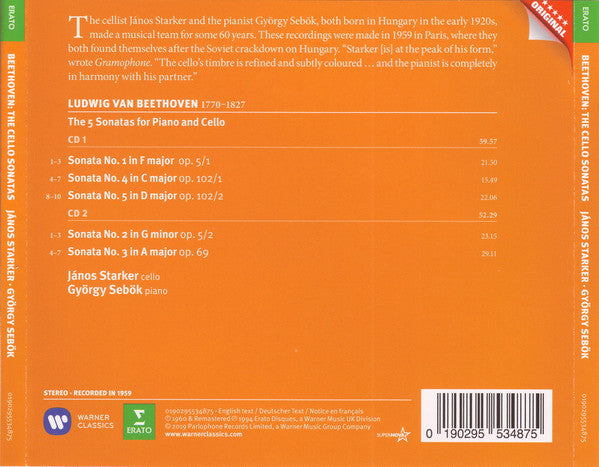 Ludwig van Beethoven, Janos Starker, György Sebök : Sonatas For Cello & Piano (Op. 5 Nos. 1 & 2 · Op.69 · Op. 102 Nos. 1 & 2) (2xCD, Album, RE, RM)