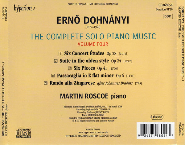 Ernst von Dohnányi, Martin Roscoe : The Complete Solo Piano Music (Volume Four) (CD, Album)