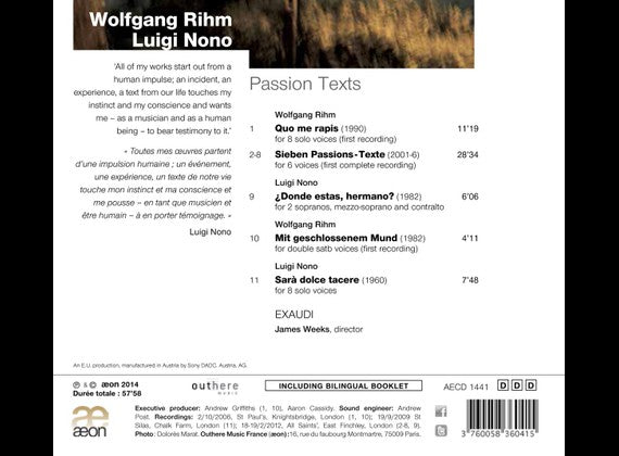 Wolfgang Rihm, Luigi Nono : Passion Texts (CD, Album)