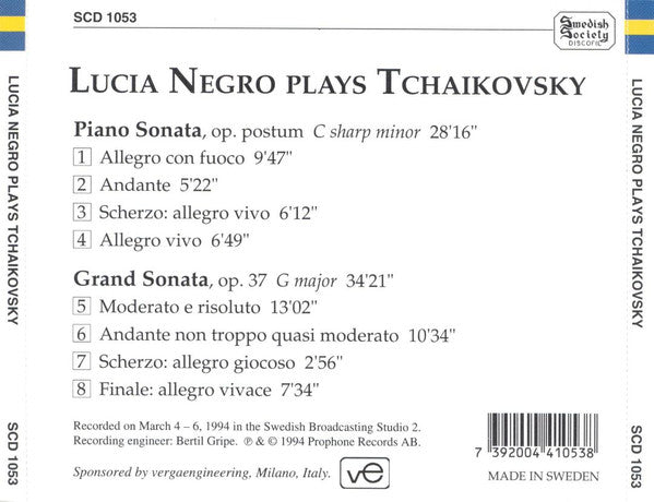 Pyotr Ilyich Tchaikovsky, Lucia Negro : Piano Sonata / Grand Sonata (CD, Album)