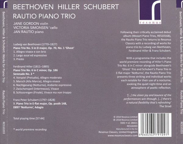 Ludwig van Beethoven, Ferdinand Hiller, Franz Schubert, Rautio Piano Trio : Works For Piano Trio (CD, Album)