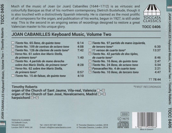 Juan Cabanilles, Timothy Roberts : Keyboard Music, Volume Two: 24 Works For Organ And For Harpsichord (CD, Album)
