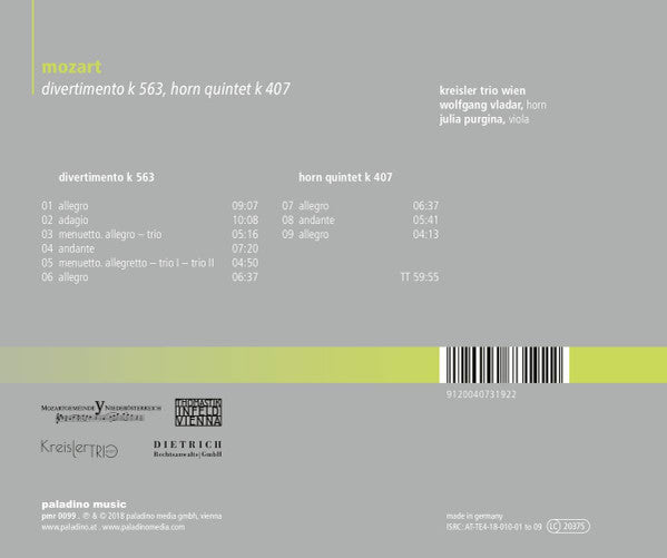Wolfgang Amadeus Mozart, Kreisler Trio Wien, Wolfgang Vladar, Julia Purgina : Divertimento K 563 & Horn Quintet K 407 (CD, Album)